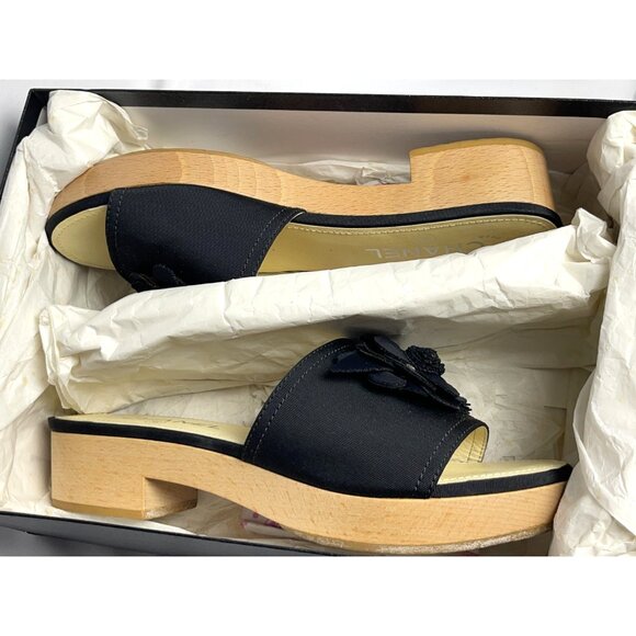 CHANEL CC 2015 Interlocking CC Logo Slides Shoes Sandals Wood +Box Sz 38 US 7.5 - Picture 16 of 16